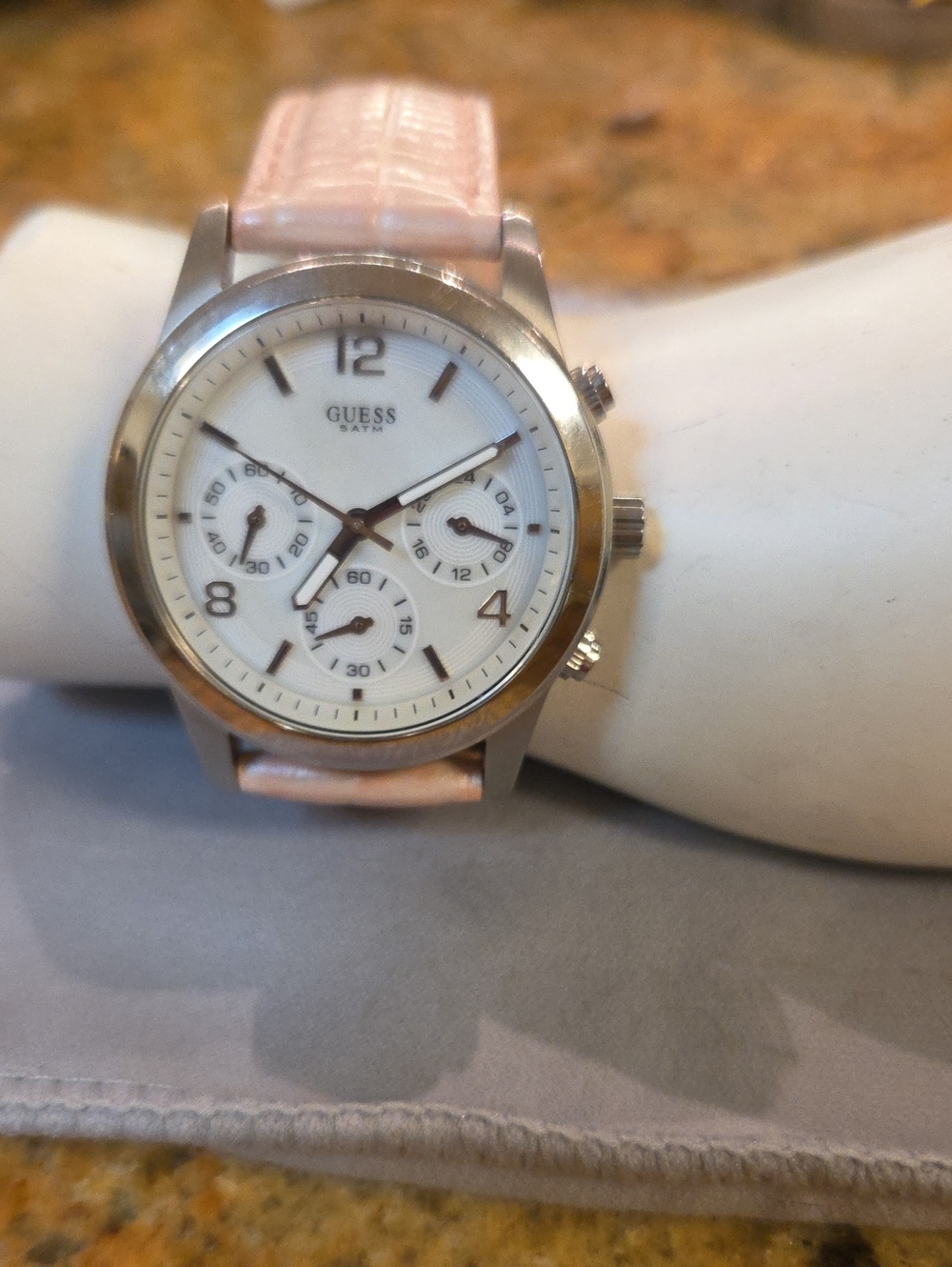 Guess Pink Leather Strap Silver-Tone Chronograph Watch 9 In